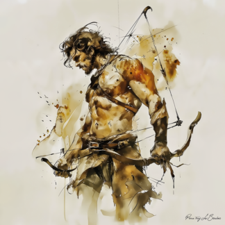 Orion – divinité grecque personnifiée du chasseur géant de la mythologie grecque, représenté avec arc et flèches dans une peinture mythologique expressive.