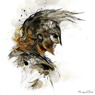 Pallas – divinité grecque personnifiée guerrière, portrait mythologique d’un guerrier casqué inspiré de l’iconographie antique de la mythologie grecque, peinture artistique contemporaine.