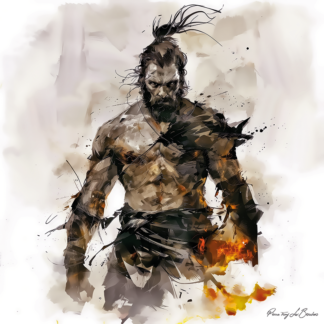 Persès – divinité grecque personnifiée de la puissance destructrice, figure mythologique masculine au regard intense tenant une flamme, peinture inspirée de la mythologie grecque et de l’iconographie titanique.