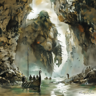 Polyphème – divinité grecque personnifiée du Cyclope de l’Odyssée, géant à l’œil unique dominant un paysage maritime avec navires dans une peinture mythologique.