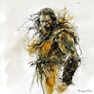 Porphyrion – divinité grecque personnifiée du géant de la Gigantomachie, figure mythologique puissante entourée d’éclairs dans une peinture inspirée de la mythologie grecque.