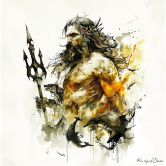 Poséidon – divinité grecque personnifiée de la mer, représenté avec trident et créatures marines, symbole de puissance océanique et de mythologie grecque.