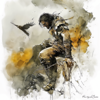 Prométhée – divinité grecque personnifiée liée au feu et au savoir humain, figure mythologique enchaînée accompagnée d’un oiseau, peinture inspirée de la mythologie grecque.