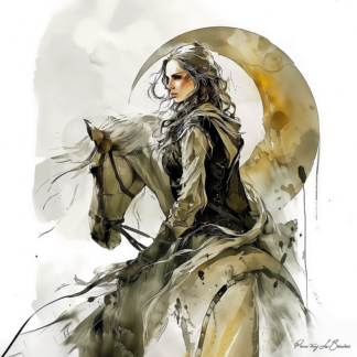 Séléné – divinité grecque personnifiée de la Lune, figure mythologique féminine à cheval sous un croissant lunaire, peinture inspirée de la mythologie grecque et de l’iconographie céleste.