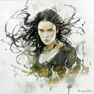 Styx – divinité grecque personnifiée du fleuve des Enfers, portrait féminin mythologique sombre aux cheveux agités évoquant les eaux profondes, peinture inspirée de la mythologie grecque.