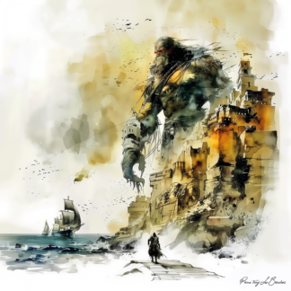 Talos – divinité grecque personnifiée du géant de bronze gardien de la Crète, figure mythologique monumentale dominant une cité côtière dans une peinture inspirée de la mythologie grecque.