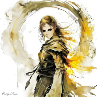 Peinture sur toile représentant Théia, divinité grecque personnifiée de la lumière céleste et de l’éclat divin, figure féminine auréolée dans une interprétation contemporaine de la mythologie grecque.