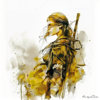Thémis, divinité grecque personnifiée de la justice et de l’ordre divin, représentée en peinture contemporaine sur toile, les yeux bandés et tenant la balance, symbole d’équité et de loi.