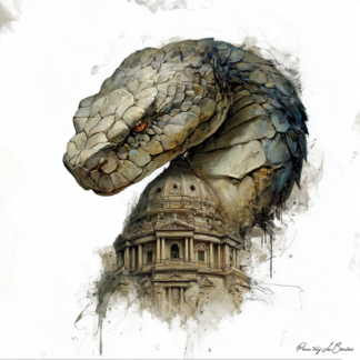 Typhon – divinité grecque personnifiée du monstre primordial de la mythologie grecque, serpent gigantesque dominant une architecture antique dans une peinture mythologique spectaculaire.