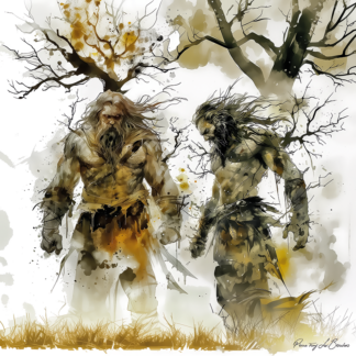 Agrios et Orios – divinités grecques personnifiées de la nature sauvage et des montagnes, figures mythologiques masculines puissantes dans un paysage forestier, peinture inspirée de la mythologie grecque.