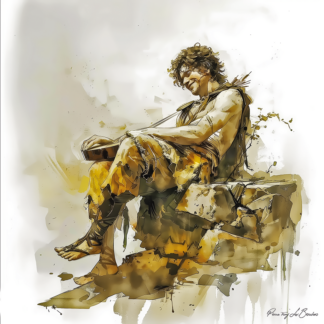 Apollon – divinité grecque personnifiée, dieu de la musique et des arts, représenté jouant de la lyre dans une peinture mythologique lumineuse et expressive.