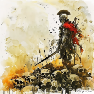 Arès – divinité grecque personnifiée, dieu de la guerre, représenté en guerrier antique debout sur un amas de crânes dans une peinture mythologique puissante et dramatique.