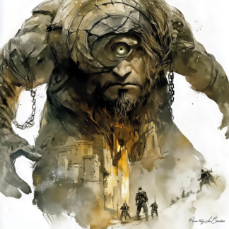 Argès – divinité grecque personnifiée du Cyclope forgeron de la mythologie grecque, géant à l’œil unique dominant une scène antique dans une peinture mythologique expressive.