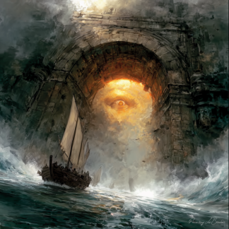 Brontès – divinité grecque personnifiée du Cyclope de la foudre, œil incandescent surgissant sous une arche antique au-dessus de la mer dans une peinture mythologique spectaculaire.