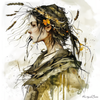 Déméter – divinité grecque personnifiée de l’agriculture et des moissons, représentée avec épis de blé dans une peinture mythologique symbolisant la fertilité et la nature.