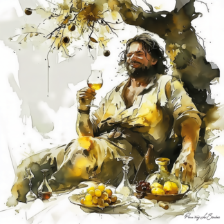 Dionysos – divinité grecque personnifiée du vin et de l’ivresse, représenté avec coupe, fruits et vigne dans une peinture mythologique évoquant plaisir et abondance.