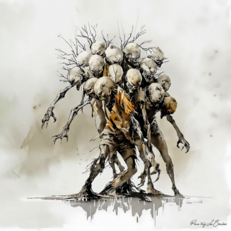 Gygès – divinité grecque personnifiée de l’Hécatonchire aux cent bras, créature mythologique composée de multiples têtes et membres dans une peinture sombre inspirée de la mythologie grecque.