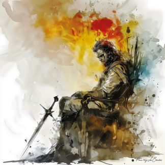 Hadès – divinité grecque personnifiée des Enfers, dieu du monde souterrain représenté avec épée dans une peinture mythologique sombre et puissante.