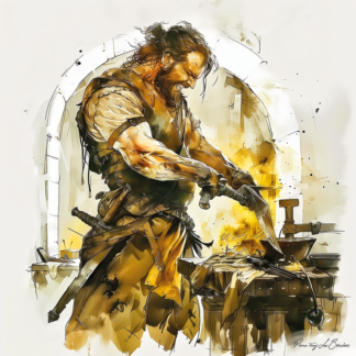 Héphaïstos – divinité grecque personnifiée du feu et de la forge, représenté travaillant le métal dans une peinture mythologique symbolisant l’artisanat et la création.