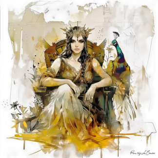 Héra – divinité grecque personnifiée du mariage et de la royauté, représentée sur un trône avec paon dans une peinture mythologique symbolisant pouvoir et majesté.