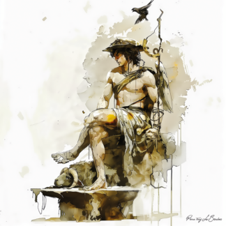 Hermès – divinité grecque personnifiée du commerce et des voyageurs, représenté avec caducée, sandales ailées et bélier dans une peinture mythologique élégante.