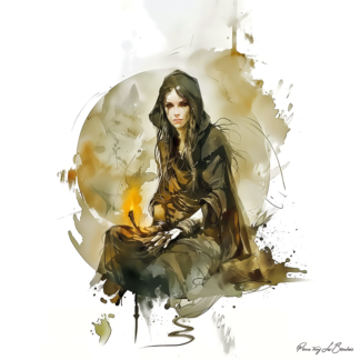 Hestia – divinité grecque personnifiée du foyer et du feu sacré, représentée méditative tenant une flamme, symbole de protection domestique et d’harmonie familiale.