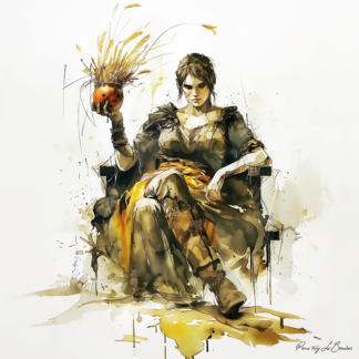 Perséphone – divinité grecque personnifiée du monde souterrain et du renouveau printanier, représentée avec épis de blé et grenade dans une peinture mythologique symbolique.