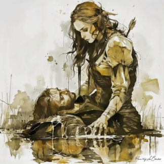 Aphrodite – divinité grecque personnifiée pleurant Adonis, scène mythologique d’amour tragique entre la déesse de la beauté et son amant dans une peinture expressive.